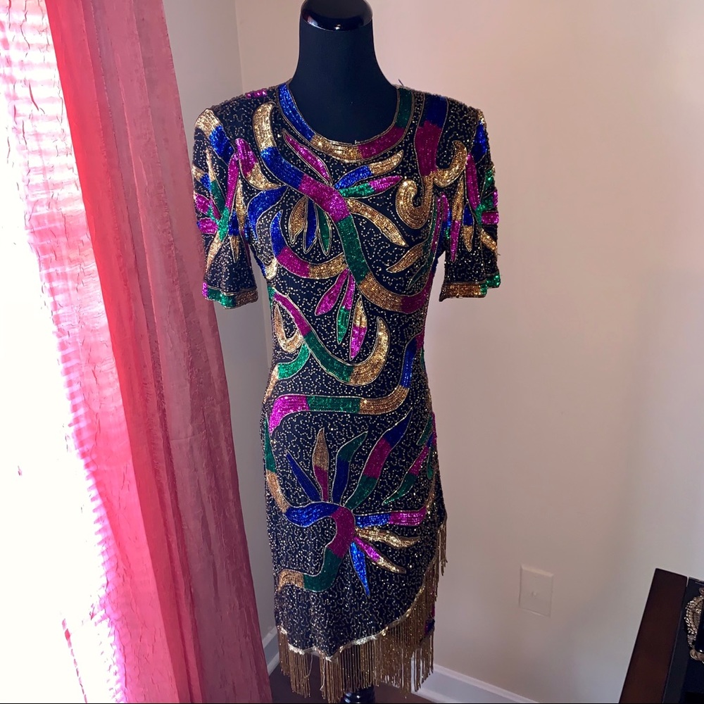 Laurence Kazar‎ 80s 90s Sequin Silk beaded dress